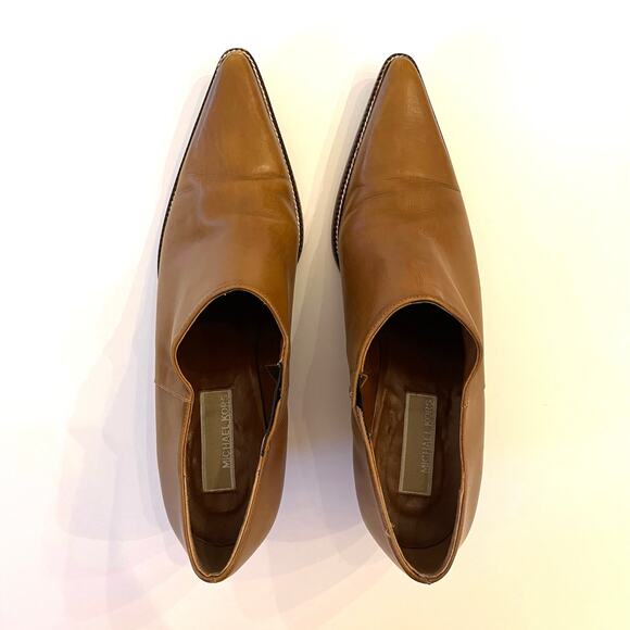 Michael Kors Cognac Leather Ankle Boots 37 US 6 6.5 Low Heel Pointed Toe Italy - Picture 2 of 13